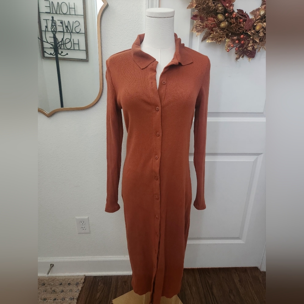GAP Long Sleeve Button-Front Knit Maxi Dress in Rust
